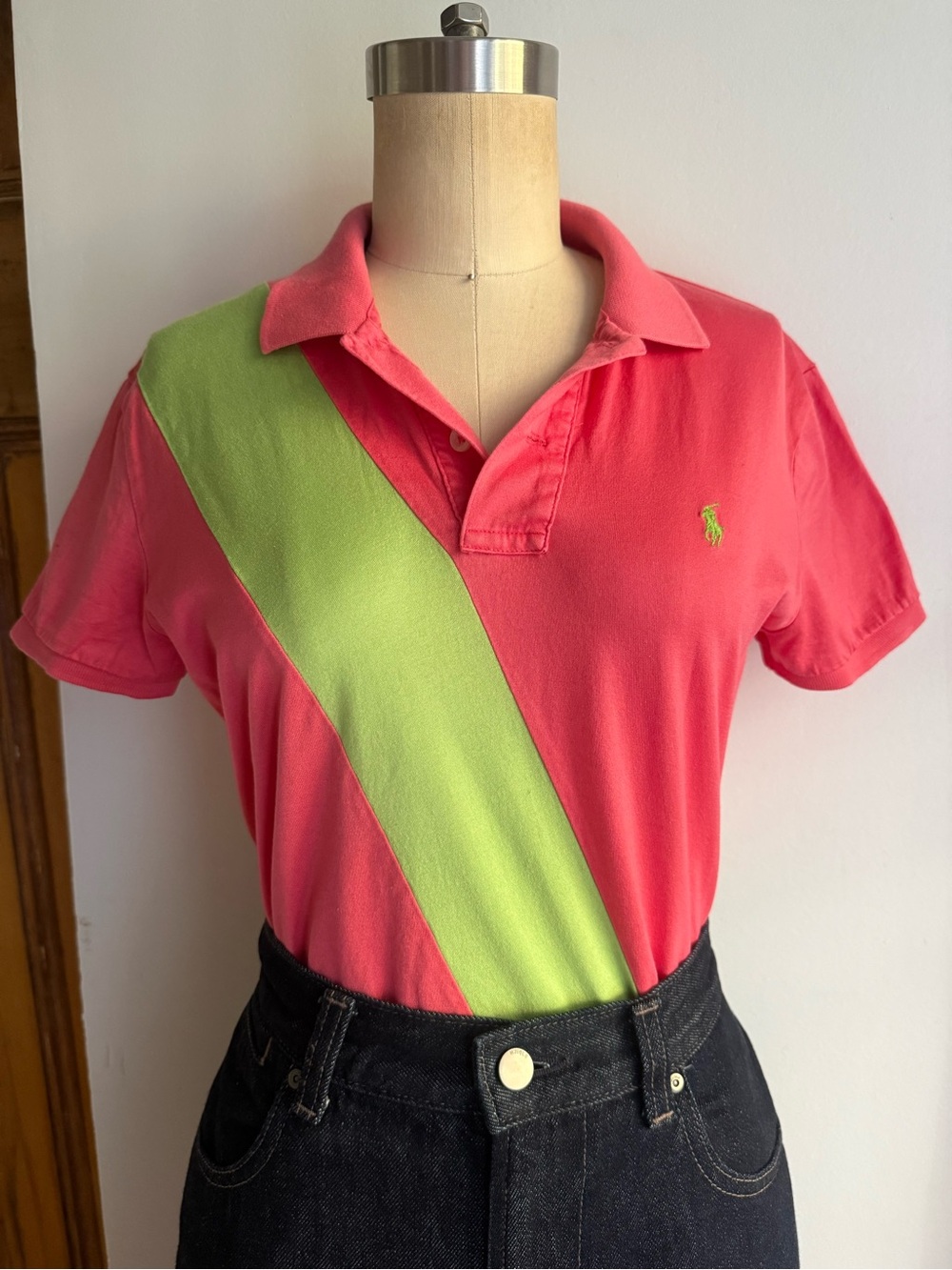 Ralph Lauren Sport Colorblock Polo Shirt Medium Pink Green Y2K Preppy Top
